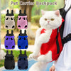 A white cat is sitting inside a red pet carrier backpack being held by a person.