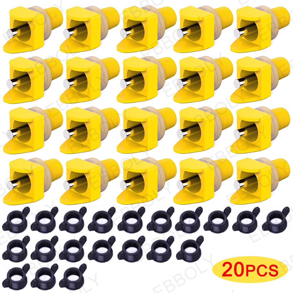 Un jeu de tétines automatiques jaune et noir pour l'alimentation des oiseaux.