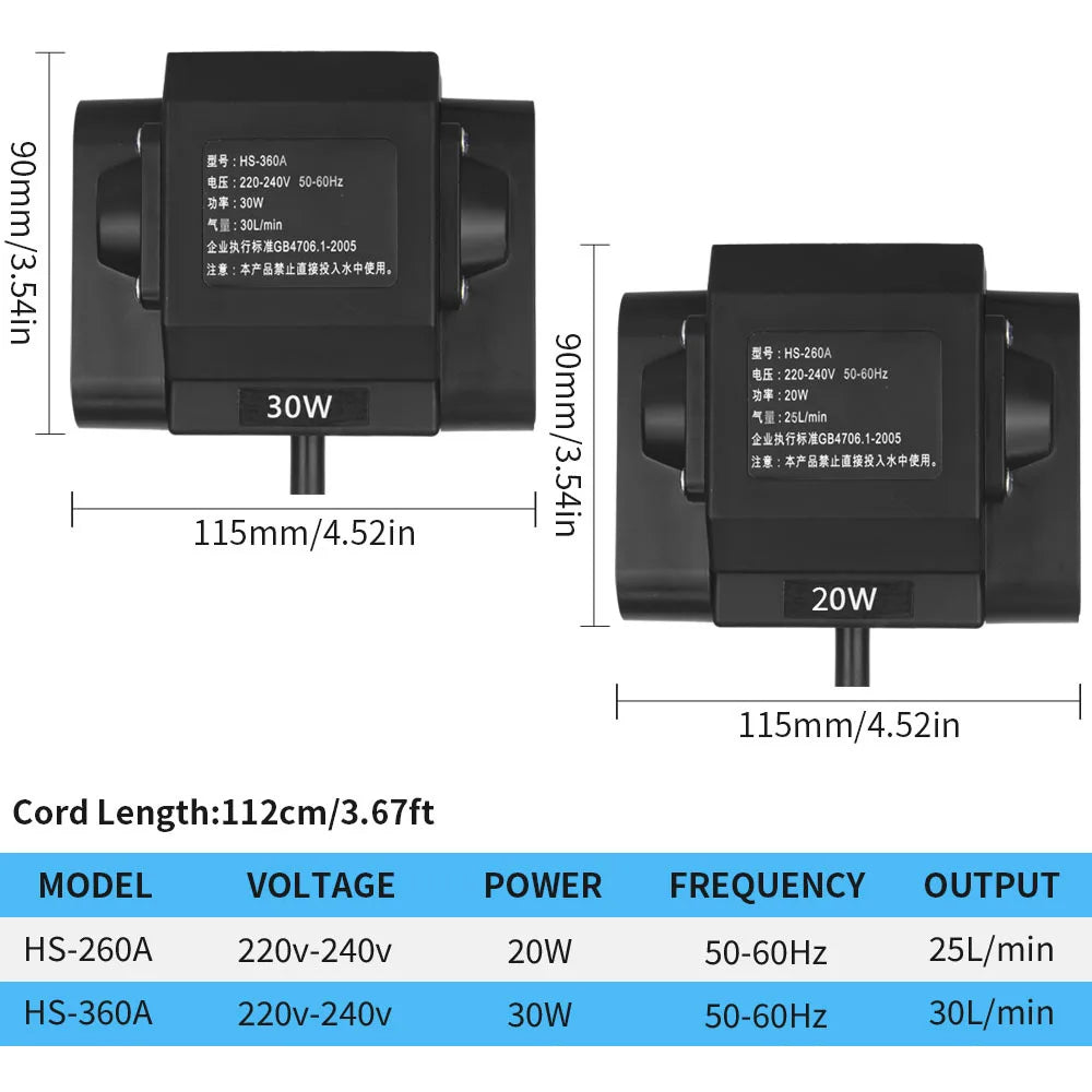 Black HS-260A and HS-360A aquarium air pumps with 115mm length and cord.