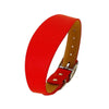 A bright red wide leather dog collar with a brass buckle.
