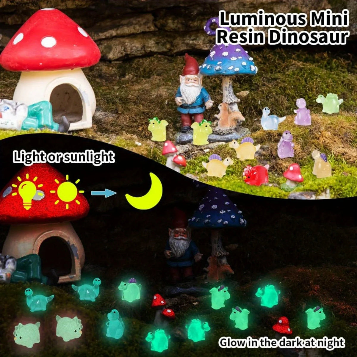 Leuchtende Mini-Dinosaurier-Figuren, die im Dunkeln oder Sonnenlicht leuchten.