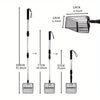 A set of stainless steel poop scoopers shown with various lengths and a rectangular mesh design.