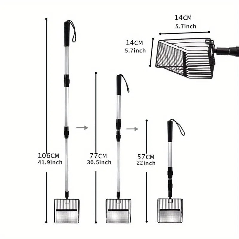 A set of stainless steel poop scoopers shown with various lengths and a rectangular mesh design.
