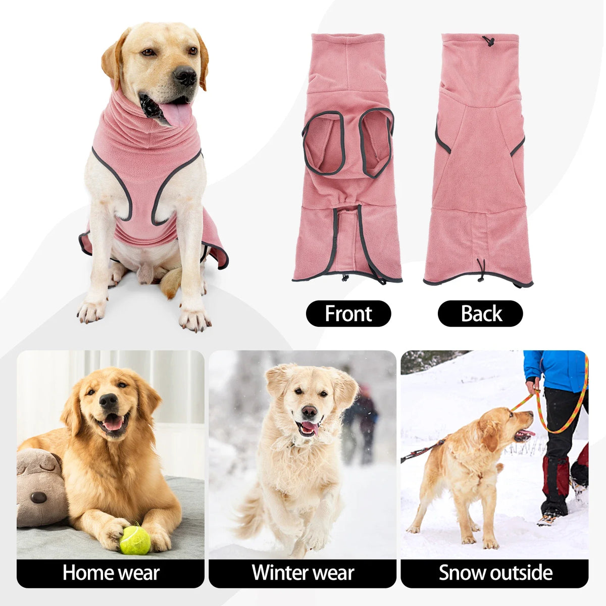 A dog wearing a pink fleece sweater, shown in front, back, home wear, winter wear, and snow outside.