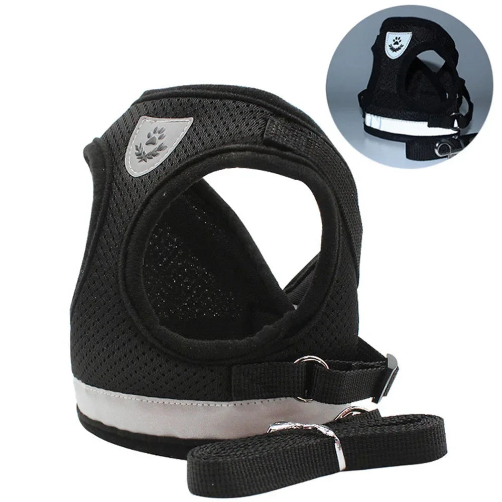 Black adjustable reflective mesh harness for cats and small dogs with a leash