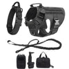 Black tactical dog harness featuring a collar and MOLLE pouches.
