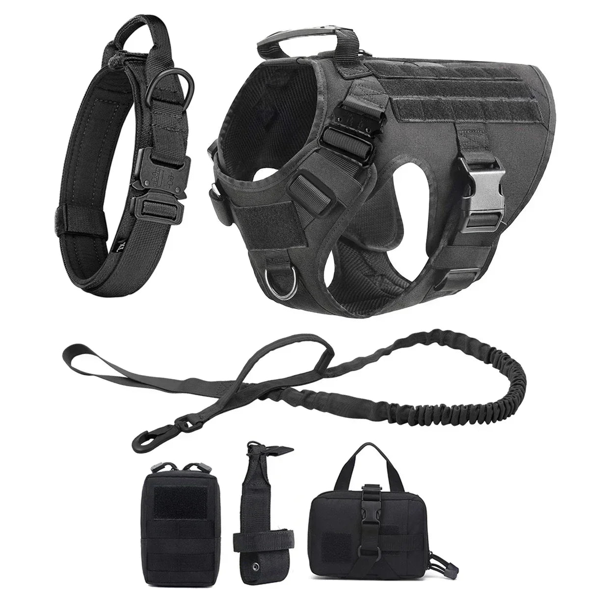 Black tactical dog harness featuring a collar and MOLLE pouches.