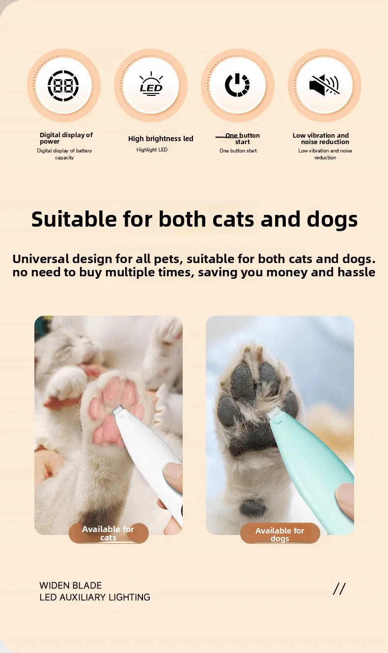 A close-up of a pet hair trimmer designed for both cats and dogs, showing the blade and housing.