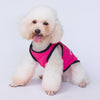 Ein flauschiger weißer Hund trägt ein pinkes Netz-Vest für kleine Haustiere.