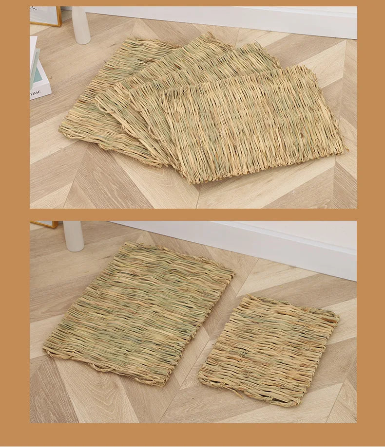 Several rectangular mats made of natural straw are shown on a wooden floor.
