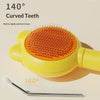 Yellow pet deshedding brush with curved teeth and a 140 degree angle shown next to a grooming tool.