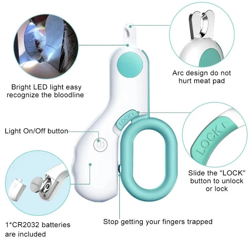 Cortacutículas para mascotas blanco con agarre verde claro y luz LED, mostrando componentes e instrucciones de uso.