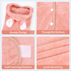 Close-up views of a pink fuzzy hoodie towel featuring thoughtful buttons, hook and loop fastener, and quick absorbing materia