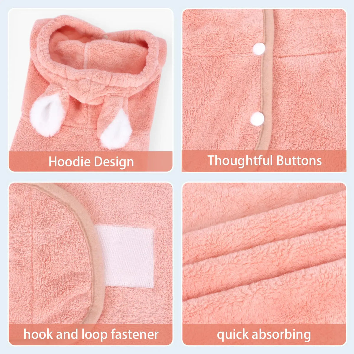Close-up views of a pink fuzzy hoodie towel featuring thoughtful buttons, hook and loop fastener, and quick absorbing materia