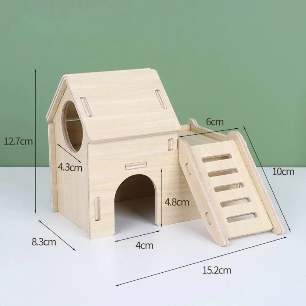 A natural wooden hamster house and activity platform with an arched entrance and a wooden ramp.