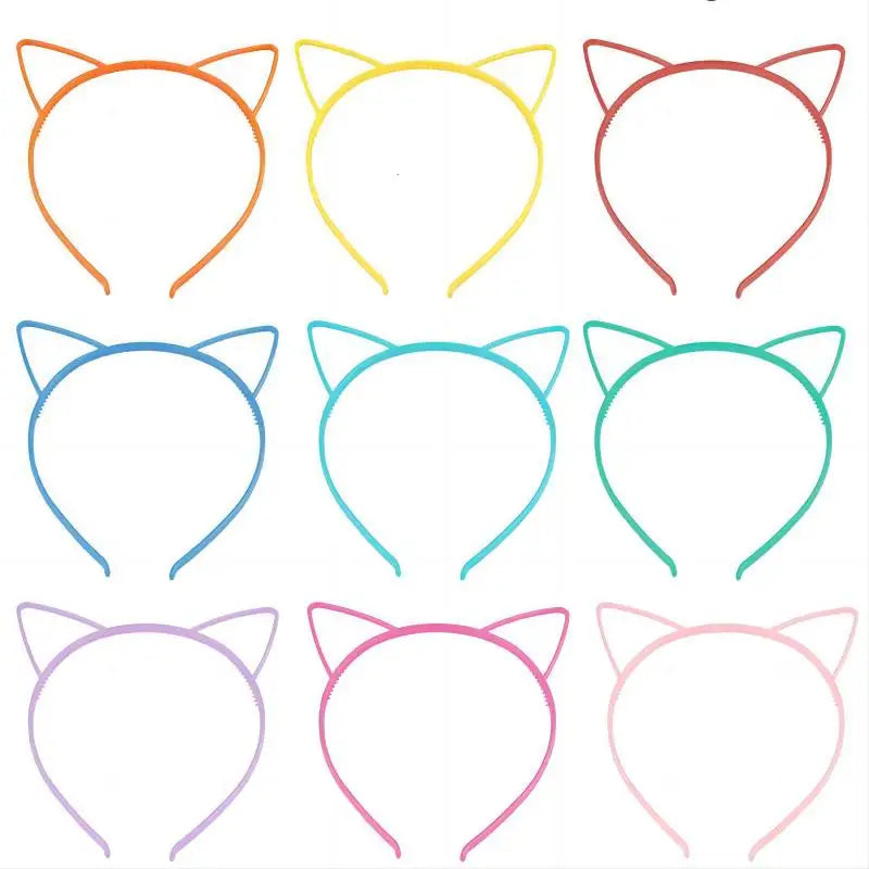 A collection of nine cat ear headbands in various colors including orange, yellow, pink, and blue.