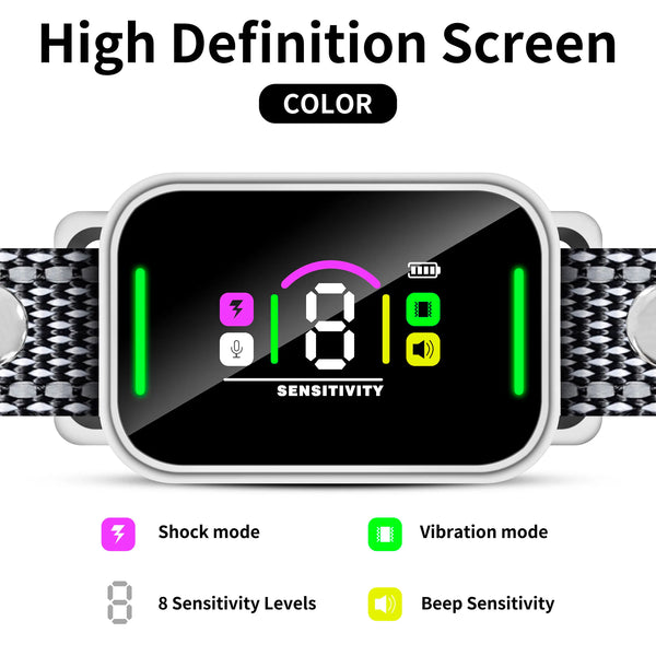 A digital dog bark collar screen displaying sensitivity levels and modes like shock vibration and beep.