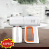 A white electric nano steam disinfecting spray gun with an orange handle and a clear spray bottle on a wooden surface.