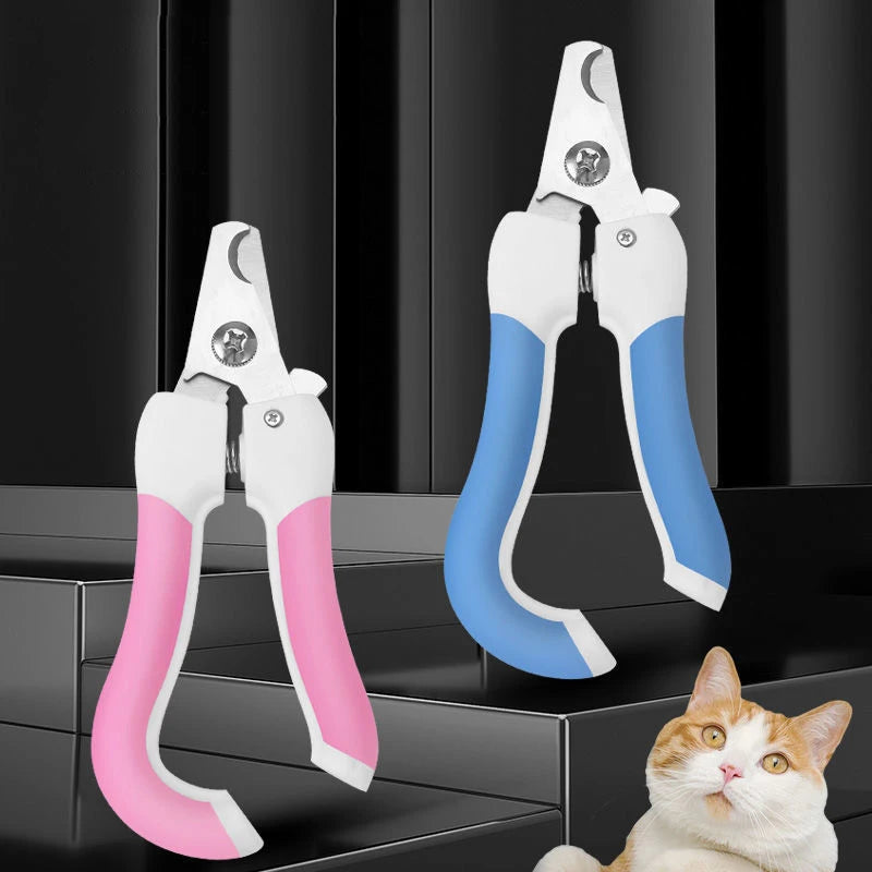 A pair of white and blue stainless steel pet nail clippers are shown next to a cat.
