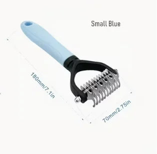 Small blue stainless steel pet grooming comb with a light blue handle