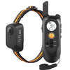 A black remote training e-collar for dogs with an adjustable stimulation level and a coiled strap.