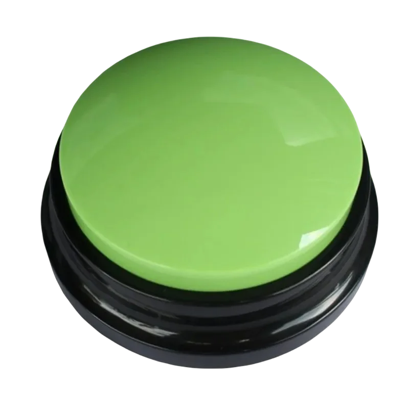 A round, lime green talking pet training button with a black casing.