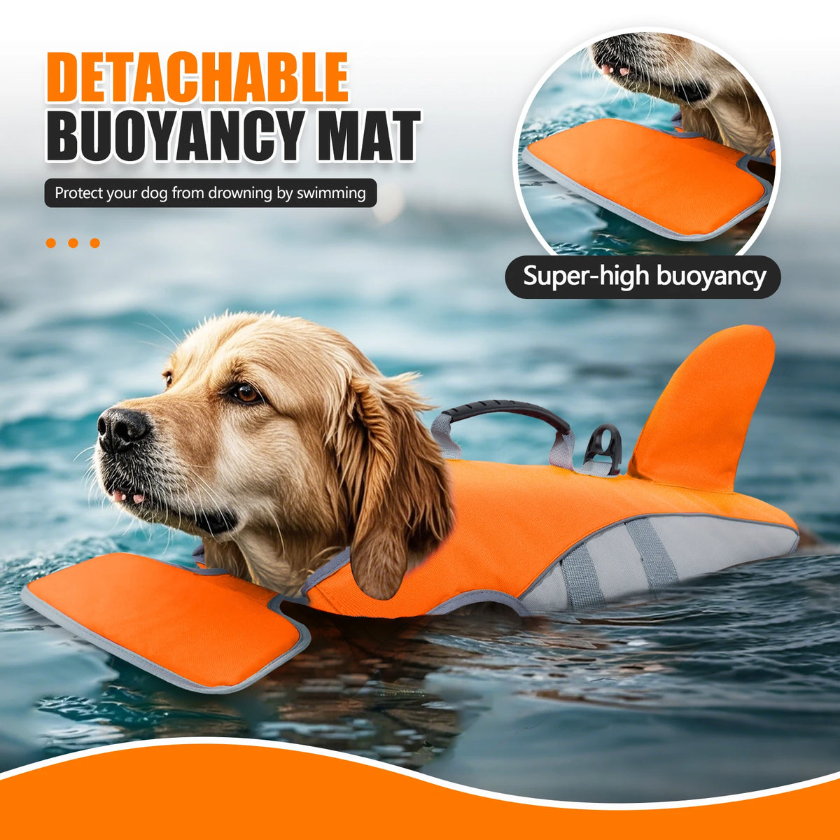 An orange and gray detachable buoyancy mat life jacket for a dog floating in the water.