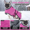 Rosa Hundfleece-Wintermantel für einen Französischen Bulldoggen in einer verschneiten Außenumgebung