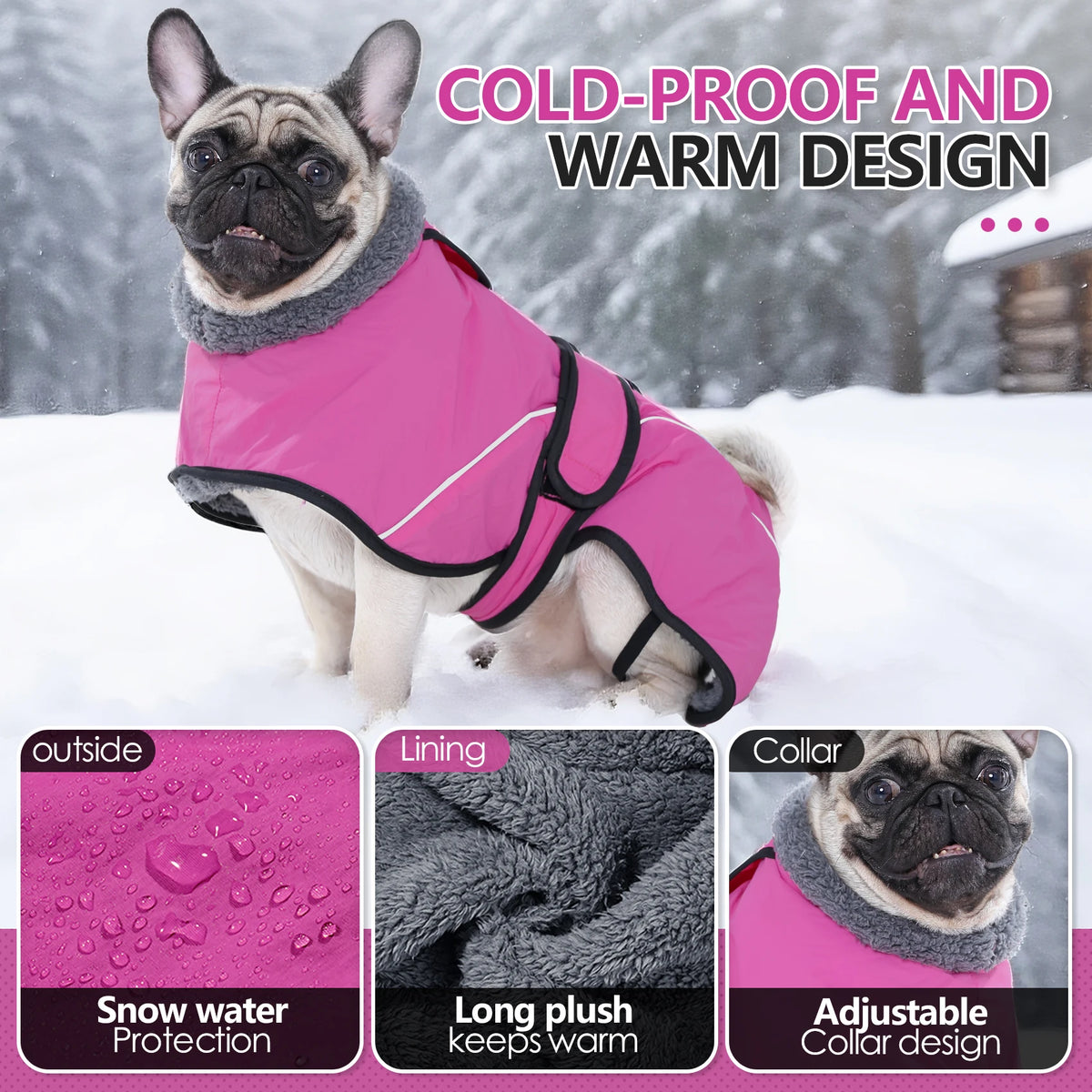 Rosa Hundfleece-Wintermantel für einen Französischen Bulldoggen in einer verschneiten Außenumgebung