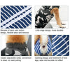 A breathable pet recovery suit featuring a striped pattern on a dog's leg and a patterned fabric on its body.