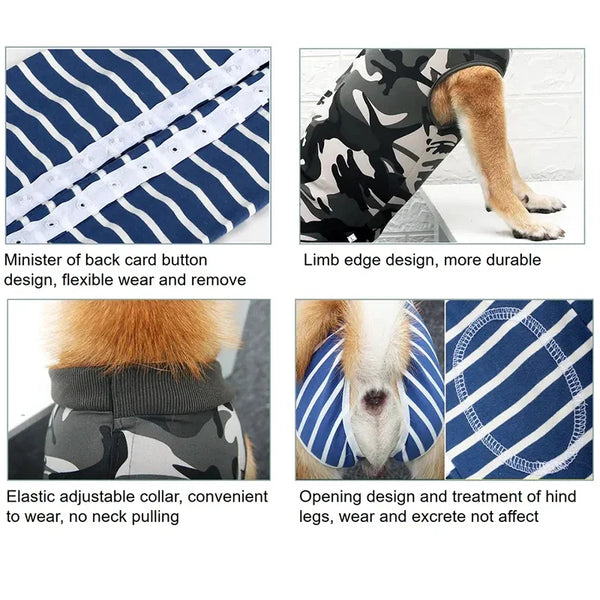 A breathable pet recovery suit featuring a striped pattern on a dog's leg and a patterned fabric on its body.