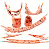 A set of multi-functional pet hammock and hideout toys in orange and peach tones.