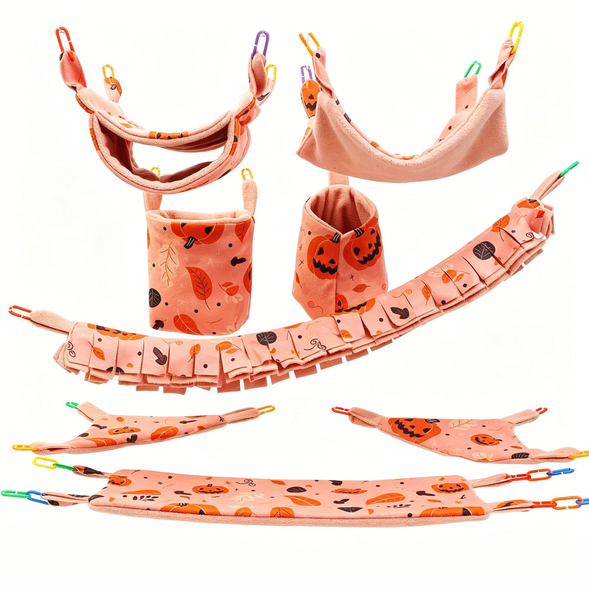 A set of multi-functional pet hammock and hideout toys in orange and peach tones.