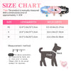 Size chart and measurement method for a rhinestone heart charm color-changing dog collar.