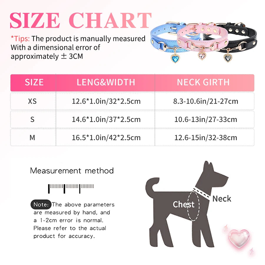 Size chart and measurement method for a rhinestone heart charm color-changing dog collar.