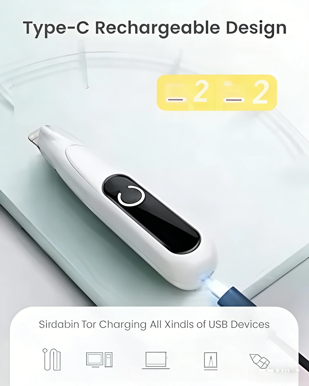 A white Type-C rechargeable device is shown next to icons representing various USB devices it can charge.
