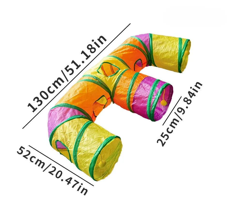 A yellow and orange foldable cat play tunnel coiled for indoor exercise.