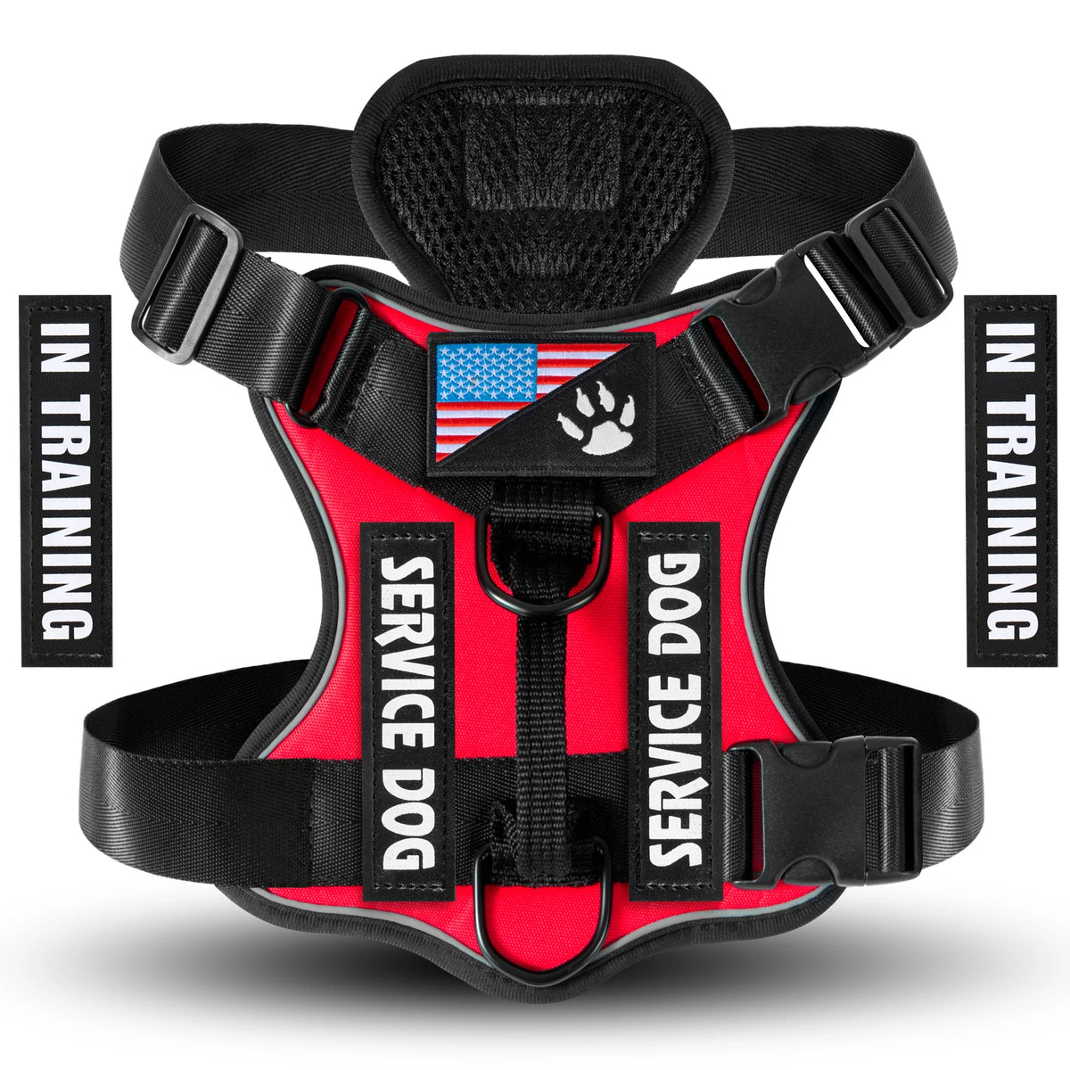 A red and black reflective service dog harness for training, shown with instructional text.