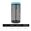 A black mesh storage bag with a light blue drawstring closure and size specifications.