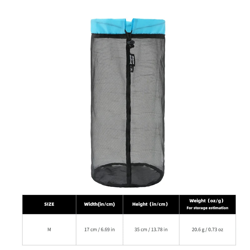 A black mesh storage bag with a light blue drawstring closure and size specifications.