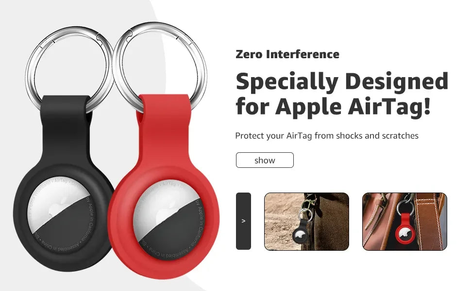 A black silicone protective cover for an Apple AirTag with a silver keychain ring.