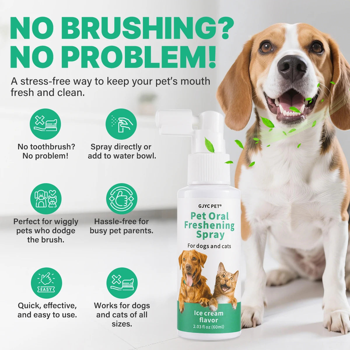 A bottle of Pet Oral Freshening Spray for dogs and cats next to a dog.