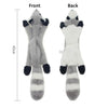 Front and back views of a gray and white plush dog toy with black accents