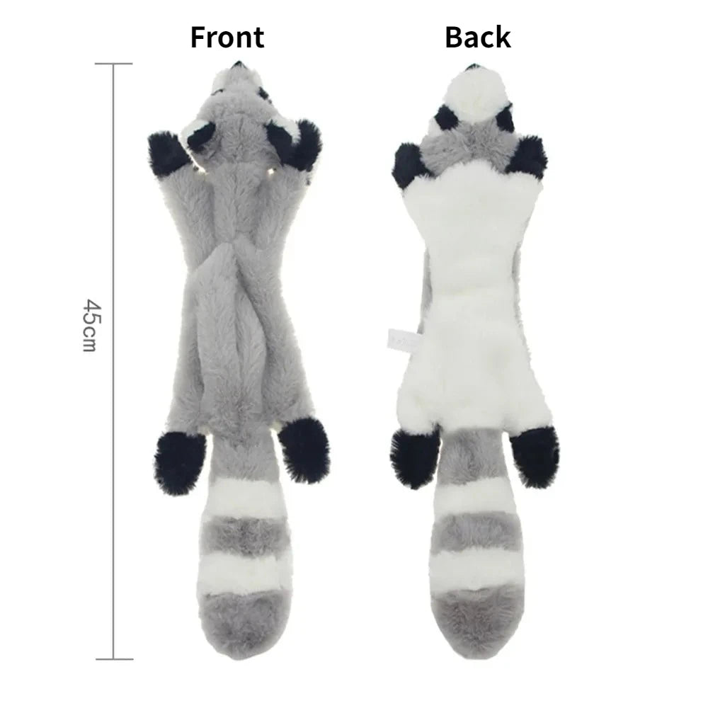 Front and back views of a gray and white plush dog toy with black accents