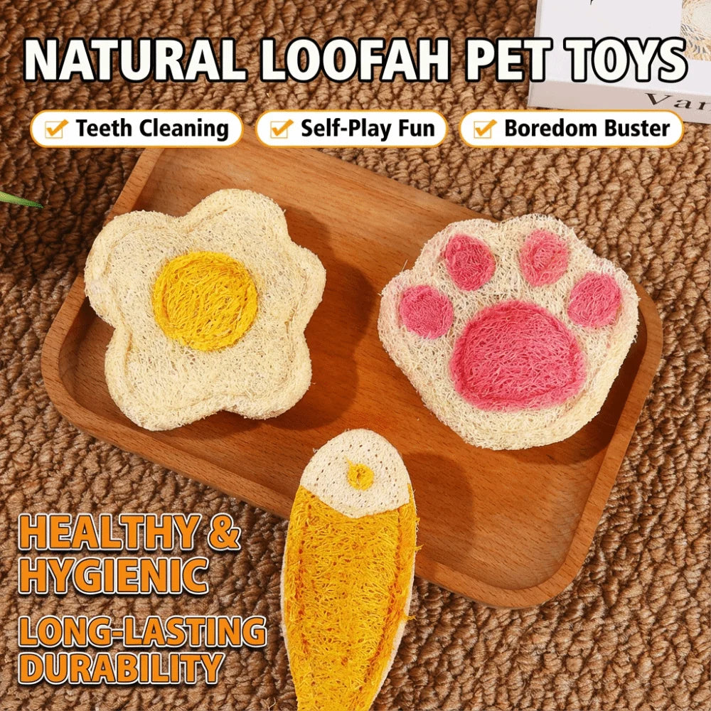Natural loofah pet toys including a paw shape and a fish shape made from natural loofah for cat play