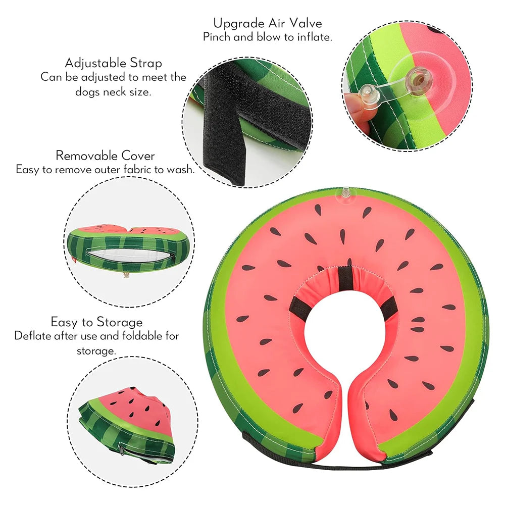 Collar inflable rosa y verde para perros y gatos con correa ajustable y cubierta extraíble