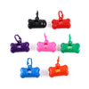 A collection of brightly colored bone-shaped dog waste bag dispensers in black, red, purple, pink, green, and blue.