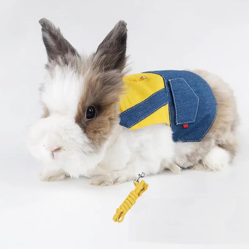 Flauschiges Kaninchenkostüm mit grau-weißer Fell und blauem Jeans-Kapuzen für kleine Haustiere.