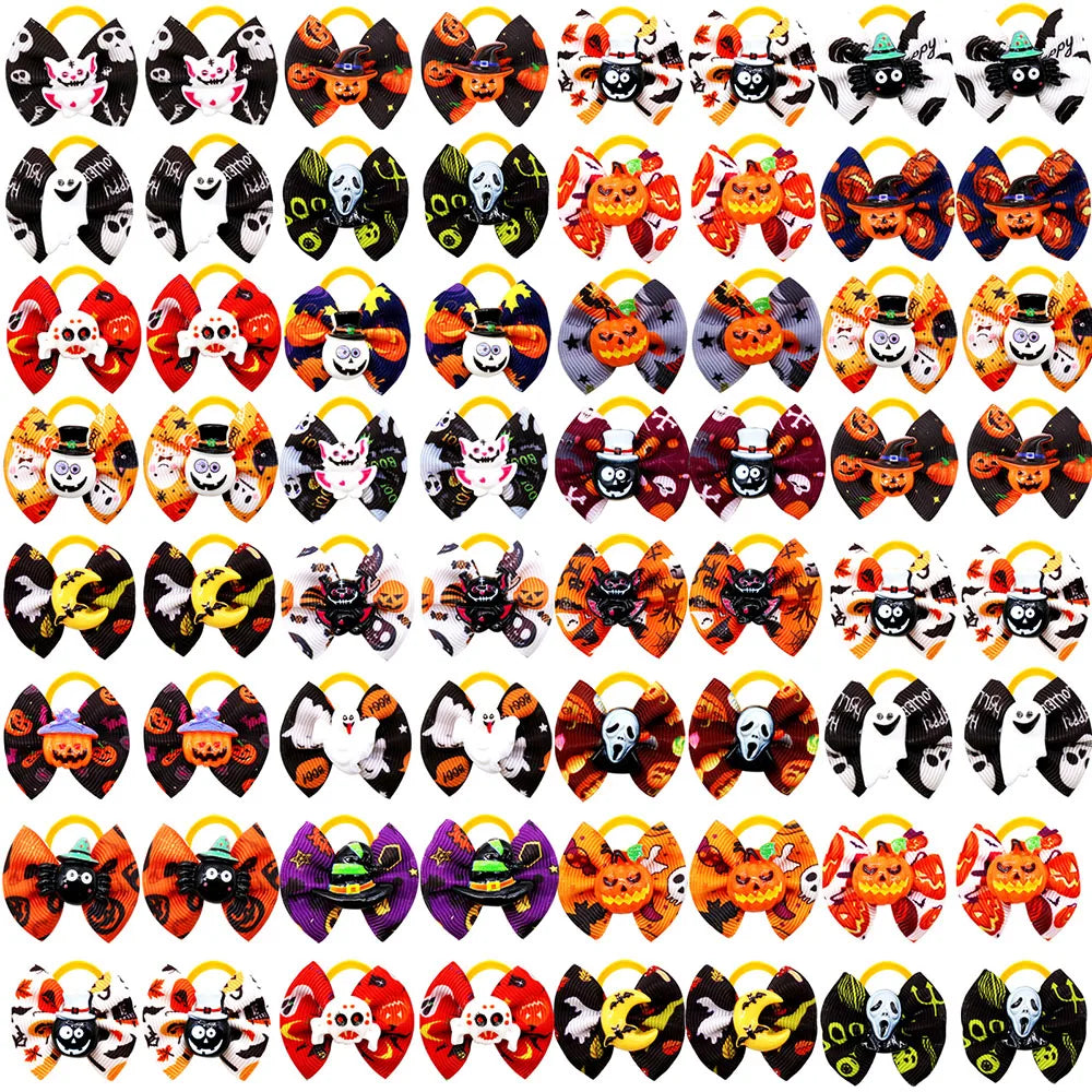 Halloween pumpkin print dog hair bows with rubber bands