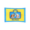 A blue house shaped fabric pouch featuring a yellow background and a blue puzzle with a dog paw print.